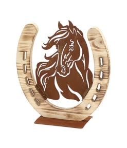 Ferrum Holz-Hufeisen Mit Metall-Pferdeportrait, 31 X 32 Cm, Rost